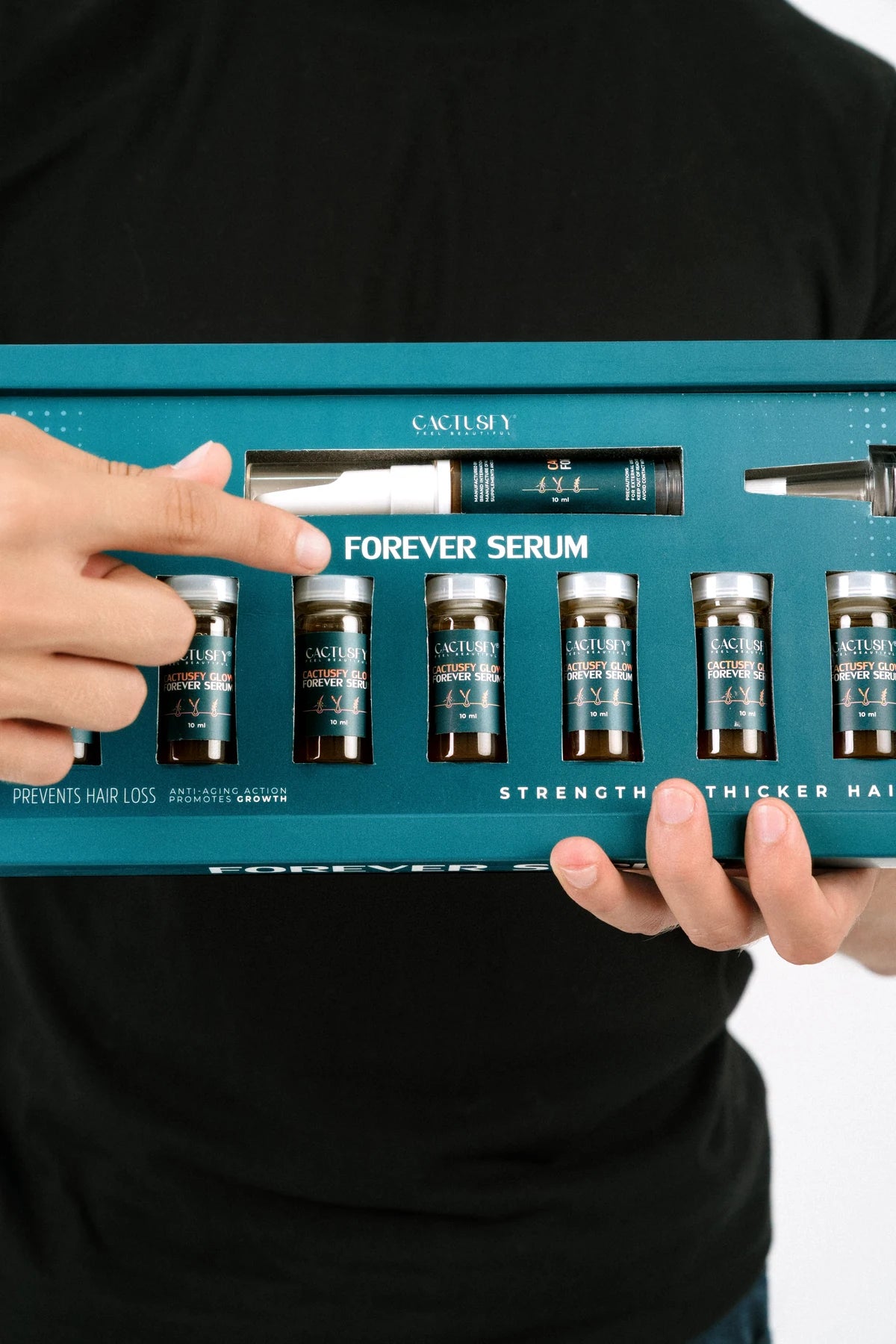 Cactusfy Glow Forever Serum presentation box with seven vials and precision applicator