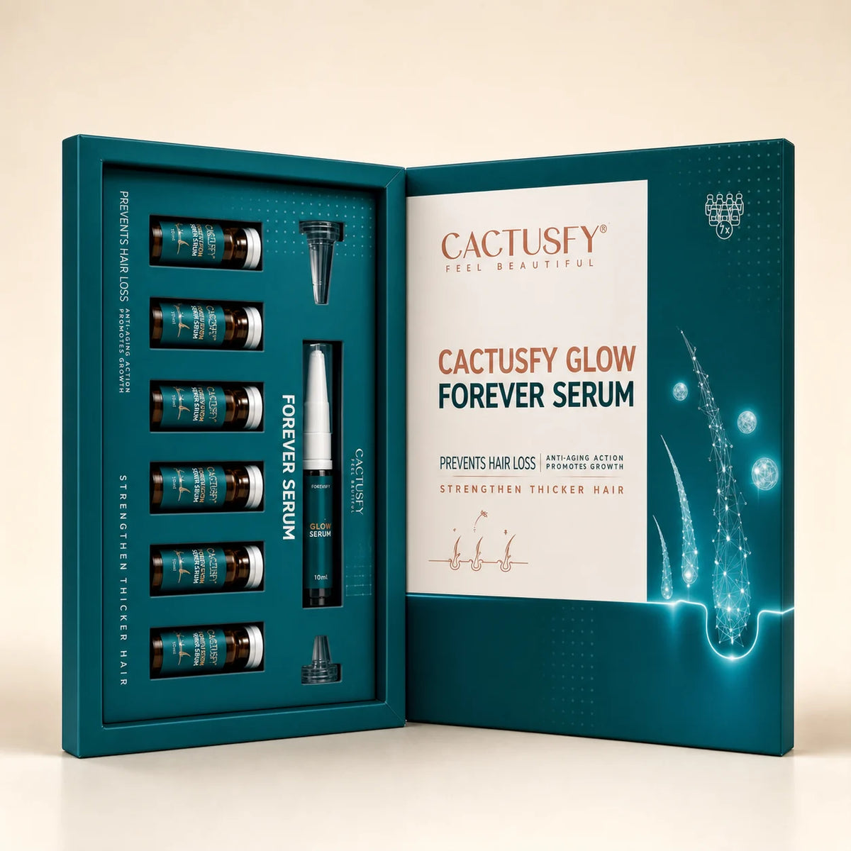 Cactusfy Glow Forever Serum presentation box with seven 10 ml vials and precision applicator