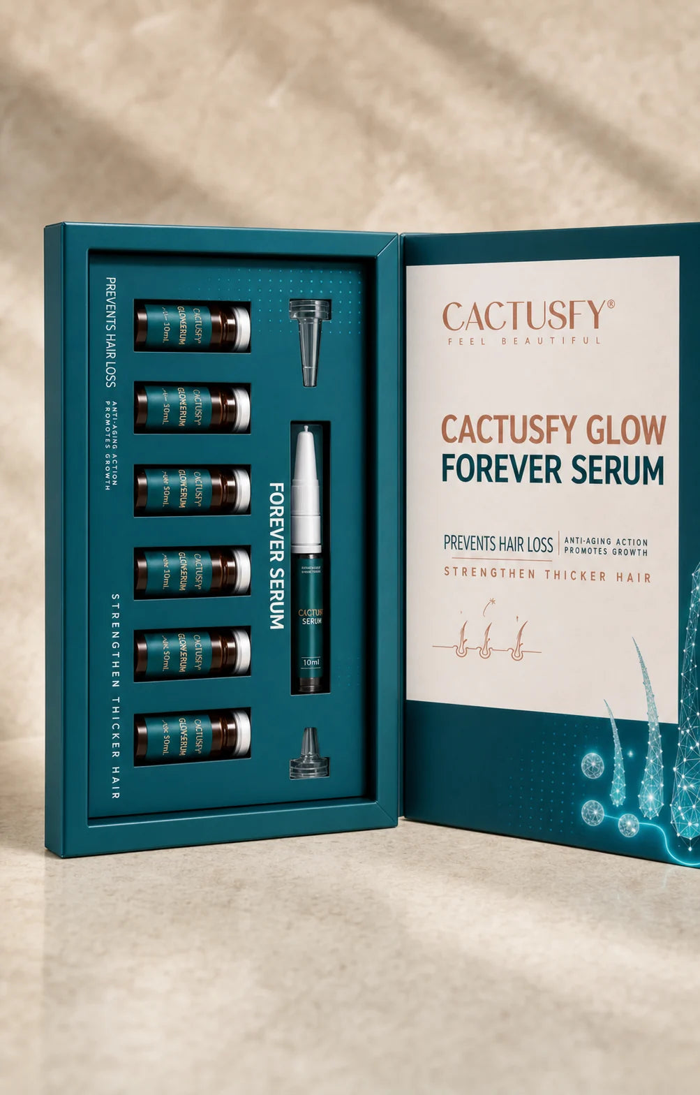 Seven Cactusfy Glow Forever Serum vials with the precision scalp applicator