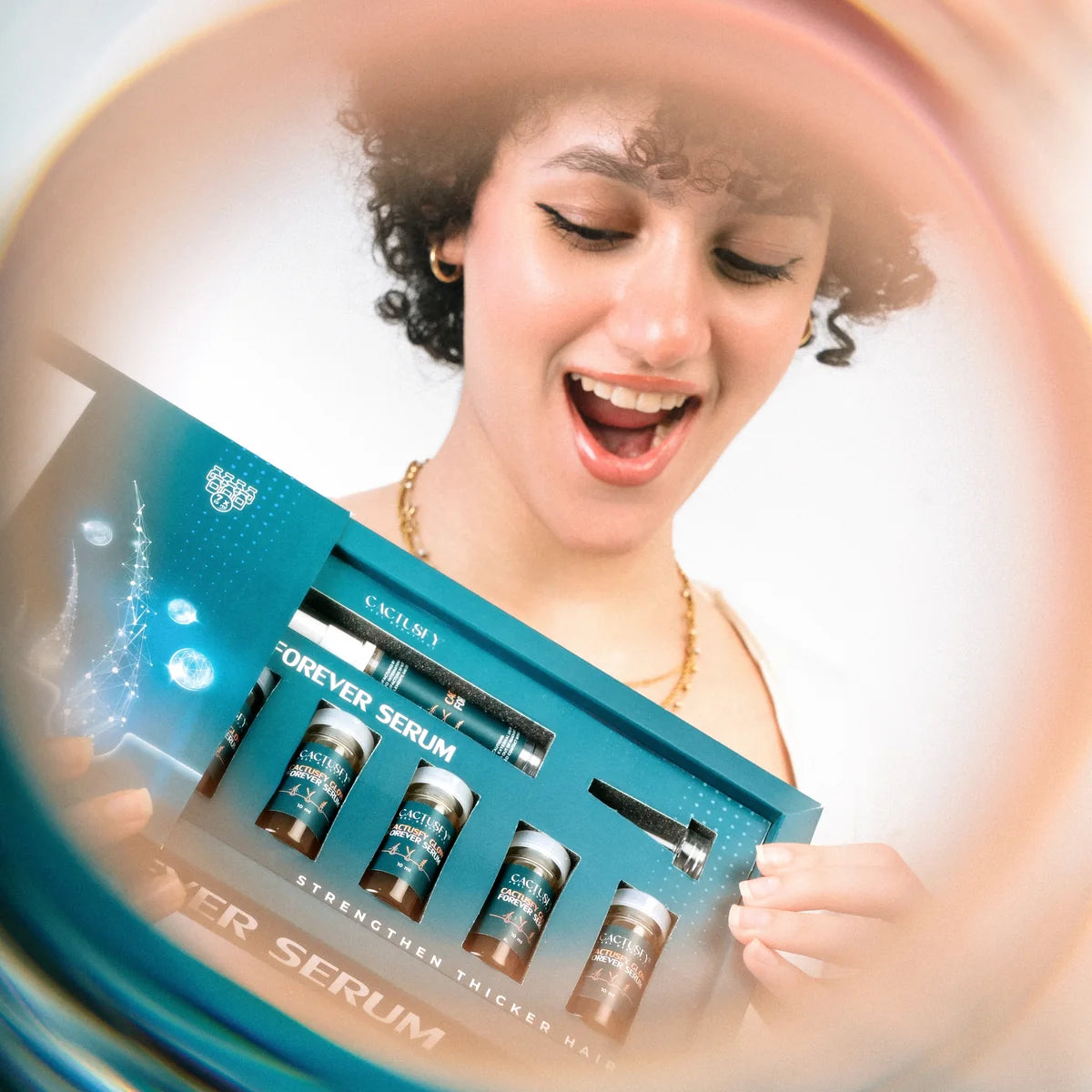 Model presenting the open Cactusfy Glow Forever Serum box